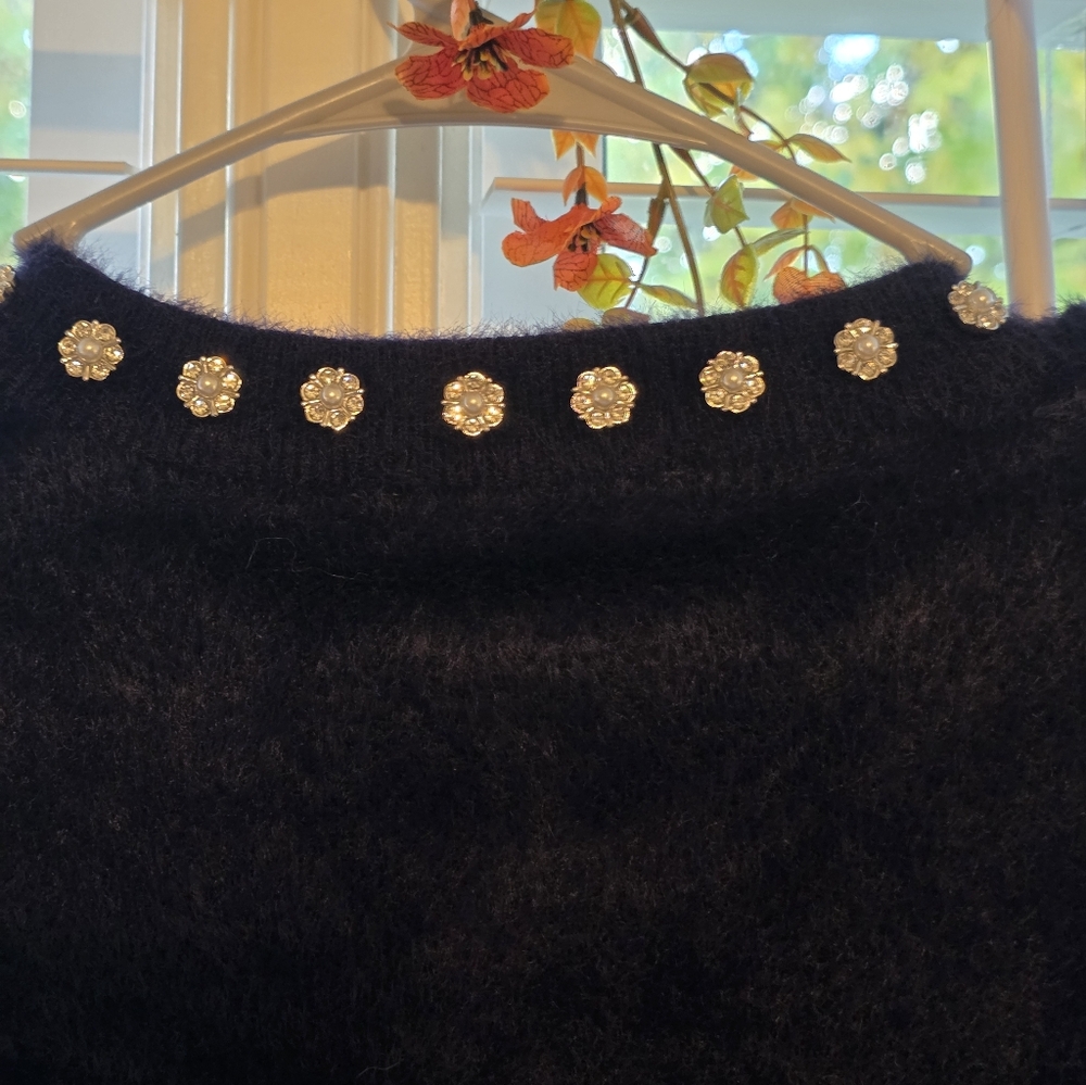 Nwt Cyrus Blue Sweater with Embellished Neckline - Picture 3 of 8